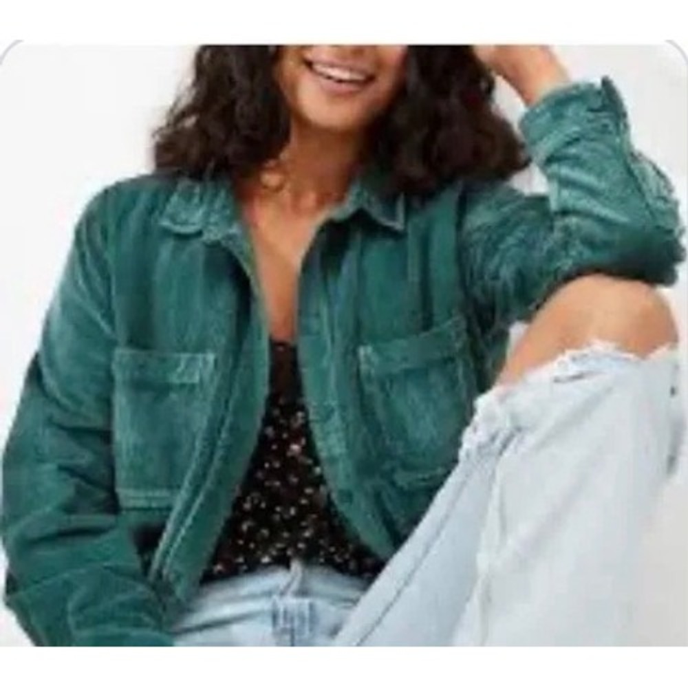 Aerie Womens Oversized Corduroy Shirt Jacket Forest Green Button Front Small
